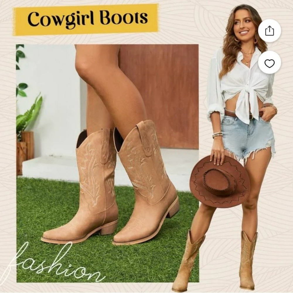 Cowboy Boots for Women Mid Calf Tan Cowgirl Boots Western Boots- size 6 - Picture 3 of 16
